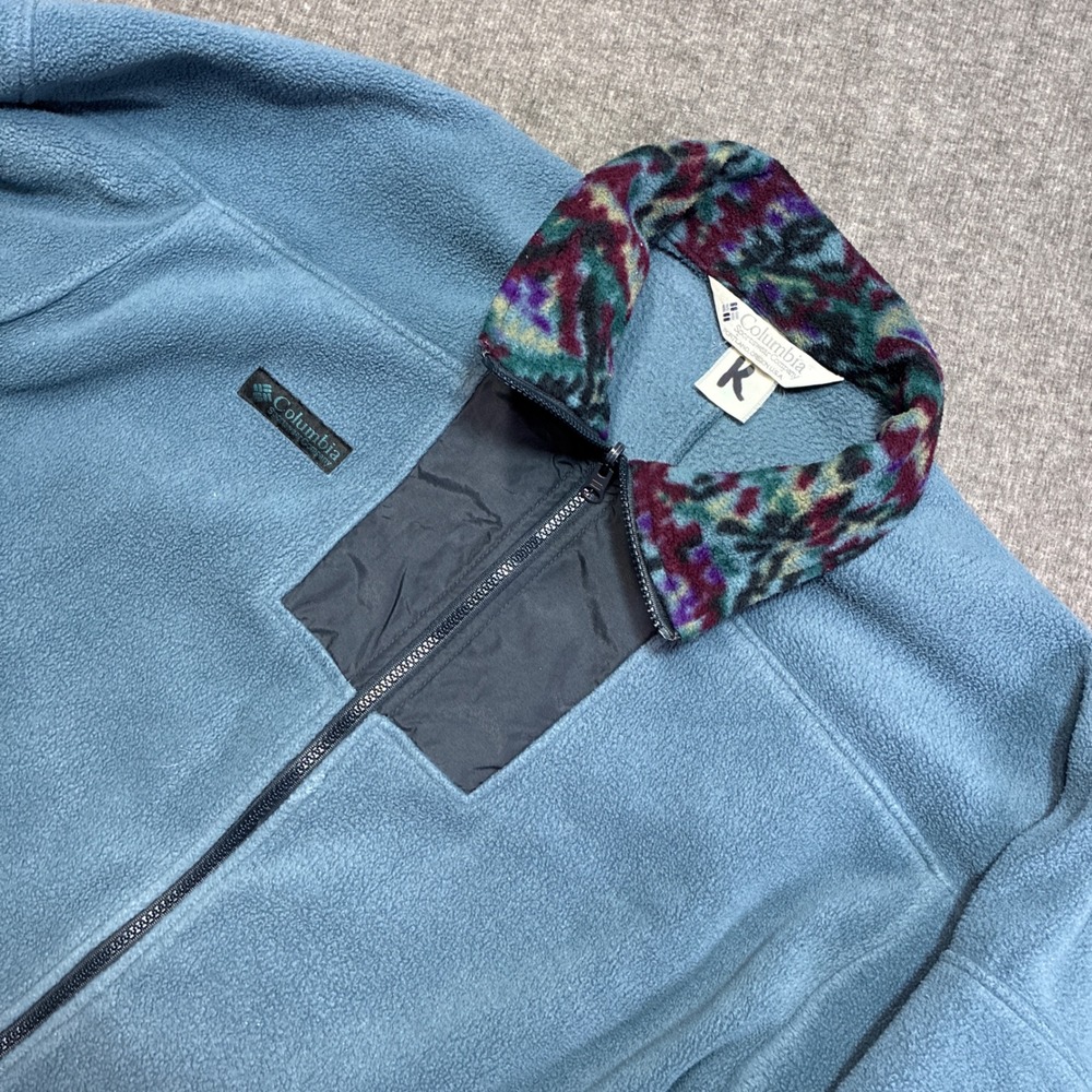 Vintage Columbia Fleece Jacket Mens XL Blue Full Zip Patterned Collar USA Gorp